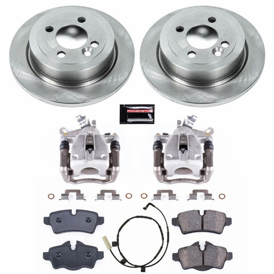 PowerStop OE rear brake kit with calipers for 2007-2010 Mini Cooper, includes brake rotors and hardware for improved stopping power.