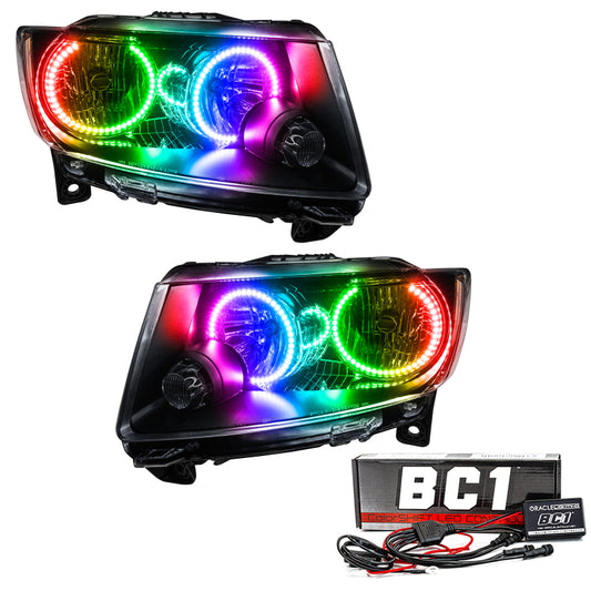 Oracle Chrome ColorSHIFT headlights for Jeep Grand Cherokee 11-13 with BC1 controller, featuring SMD LED lighting and sleek chrome finish.