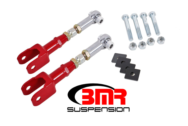 BMR Suspension red adjustable rear toe rod ends for 2015-2017 S550 Mustang, on-car suspension component with rod ends.