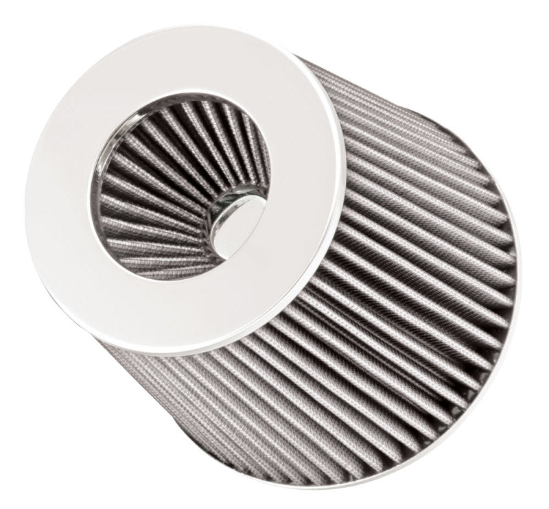 Spectre white adjustable conical air filter, 5-1/2 inches tall, fits 3 to 4-inch tubes, universal fit for automotive air intake systems.