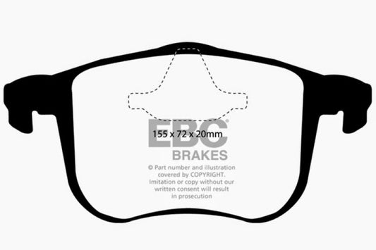 EBC Greenstuff front brake pads for Saab 9-3 2.0 Turbo Aero, performance brake pads with green friction material, close-up view