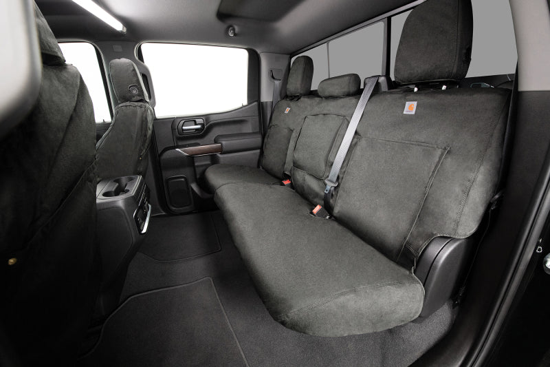 Covercraft Carhartt Super Dux second row seat cover for Toyota Tacoma 2016-2023 in gravel color, durable and custom-fitted.