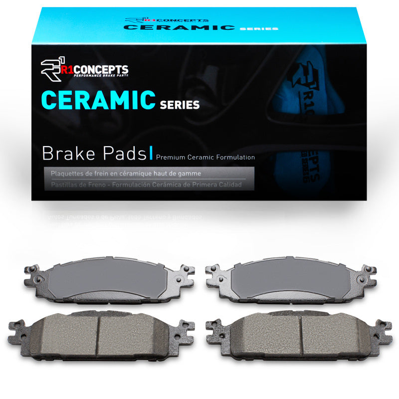 R1 Concepts ceramic brake pads for Ford Taurus 2009-2019 front OE replacement, showing the brake pad set with metal backing.