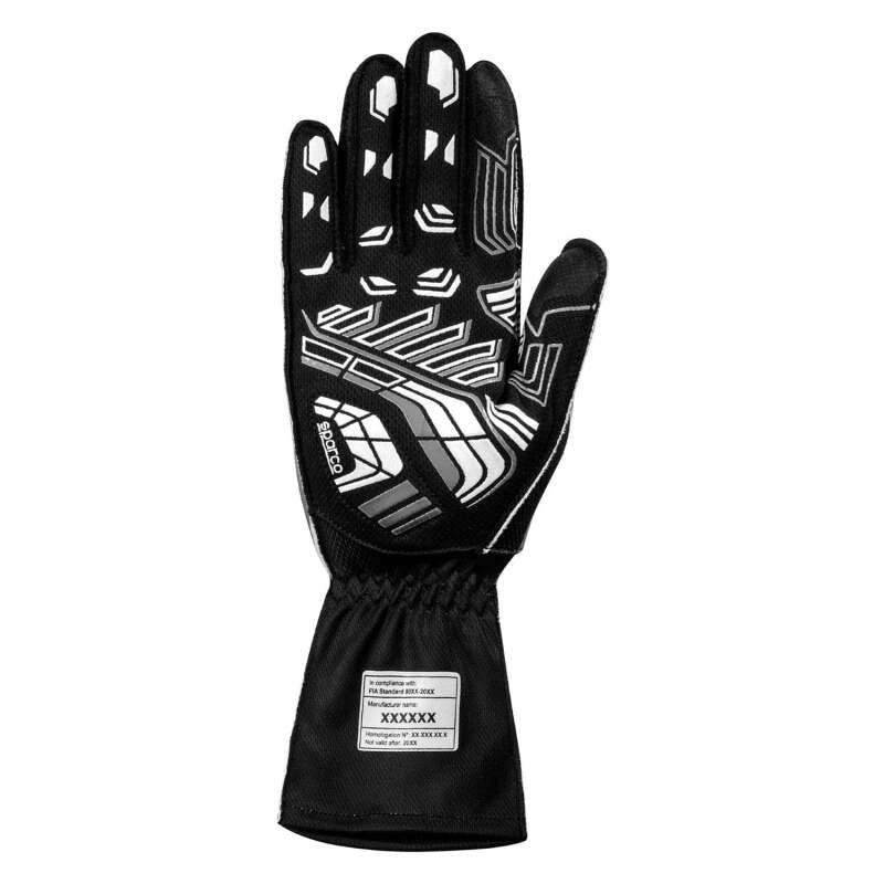 Black and white Sparco K-Arrow 7 racing gloves with racing grip and breathable fabric, designed for motorsport driving.