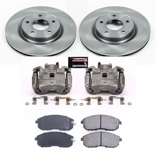 PowerStop OE front brake kit with calipers for Nissan Juke 2011-2017, includes brake rotors and hardware.