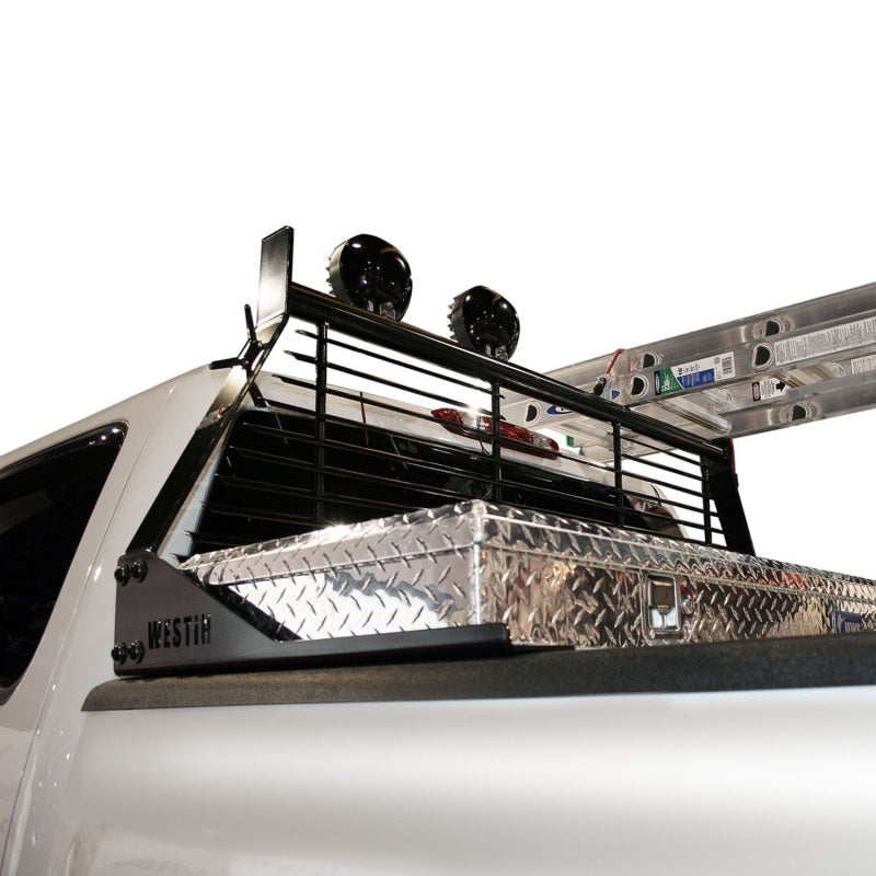 Westin black headache rack for Chevrolet, Ford, GMC, and Toyota Silverado and Sierra 1500-3500 HD trucks, mounted on truck bed.
