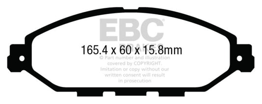 EBC Greenstuff front brake pads for Infiniti JX35 3.5, performance brake pads, visible green friction material and metal backing plate