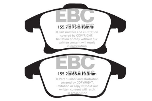 EBC 13+ Ford Fusion 1.6 Turbo Ultimax2 front brake pads, OE type, showing the black brake pad with metal backing plate.