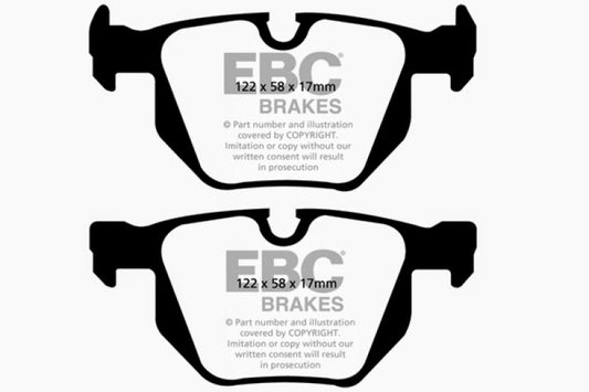 EBC Ultimax2 rear brake pads for BMW X1 3.0 Turbo (35i), OE type, showing metallic backing and brake pad friction surface.