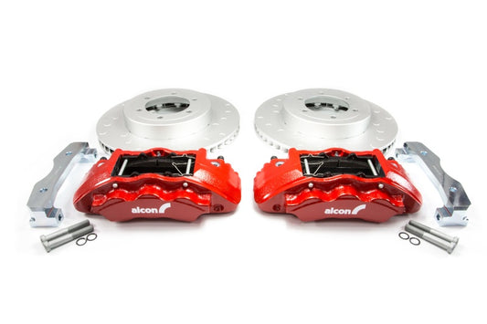Alcon Toyota Tacoma big brake kit with red 6-piston calipers, 17-inch wheels, 352x30mm rotors, front installation.