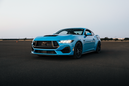 Roush Ford Mustang EcoBoost lowering springs, 15-25 model, without Magneride, showing close-up of the black coil springs on the vehicle