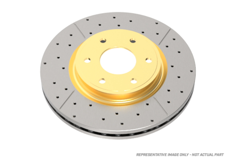 DBA Eagle Talon Tsi AWD front brake rotor with drilled and slotted design, gold hat for improved braking performance.