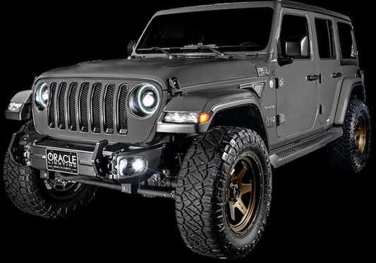 Oracle Lighting Jeep Wrangler JL and Gladiator JT sport high performance LED fog lights, no halo, mounted on vehicle bumper.