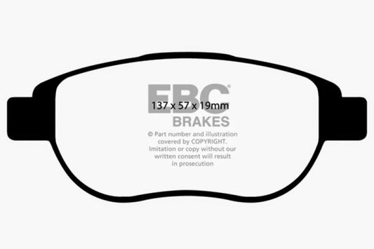 EBC 12+ Fiat 500 Abarth front brake pads, Ultimax2 OE quality brake pads for 1.4 Turbo engine, visible in the image.