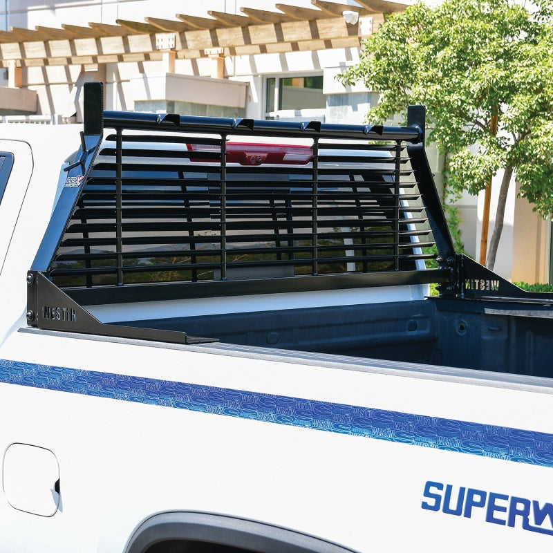 Black Westin headache rack installed on a Chevrolet, Ford, GMC, or Toyota Silverado/Sierra 1500/2500/3500 HD pickup truck.