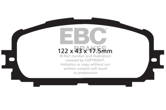 EBC 12+ Toyota Yaris 1.5 Ultimax2 front brake pads, OE type, designed for reliable stopping power and durability.