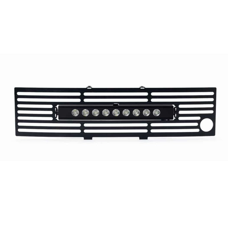 Putco black grille insert for 2011-2014 Ford F-150 EcoBoost with 10-inch Luminix light bar installed in the bumper area.