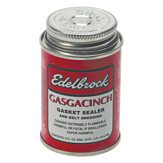 Edelbrock Gasgacinch 4-oz can of motor oil additive for engine sealing and lubrication, featuring the Edelbrock brand label.