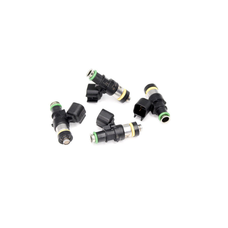 Set of four DeatschWerks 06-12 Yamaha Apex 550cc fuel injectors for power sports vehicles, showing detailed metallic injectors.