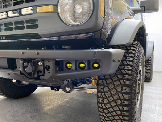 ORACLE Lighting Ford Bronco 21-22 triple LED fog light kit with yellow lights, designed for steel bumpers on off-road vehicles.