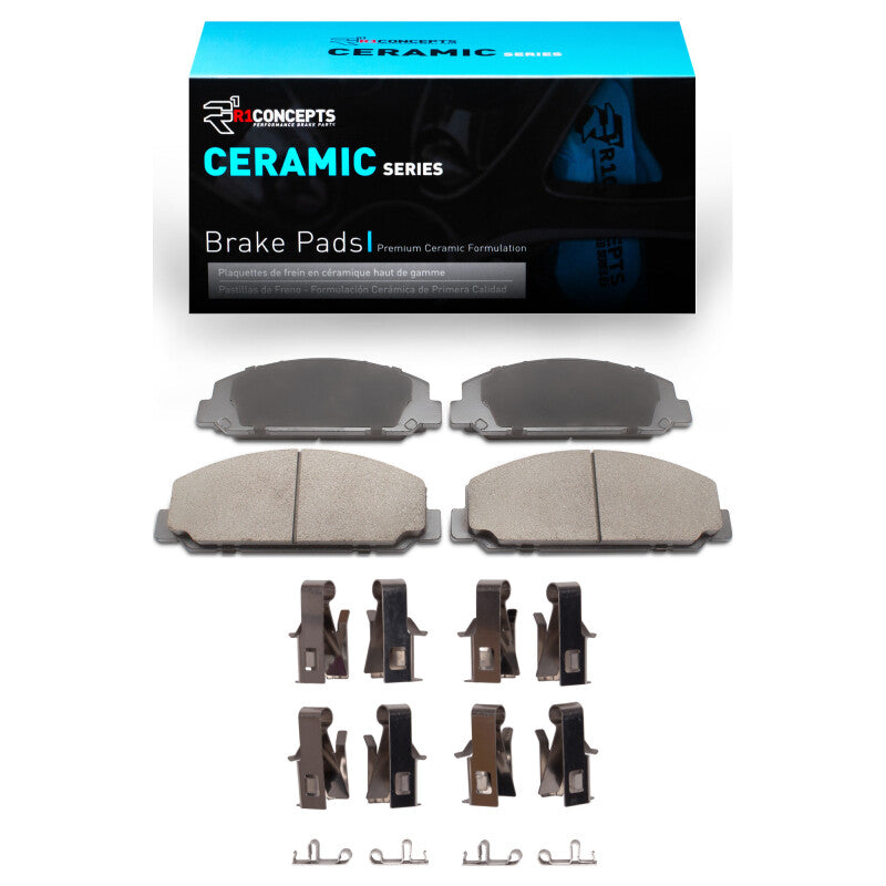 R1 Concepts Chevrolet W5500 Tiltmaster front and rear ceramic brake pads with hardware kit, OE quality for reliable braking performance.