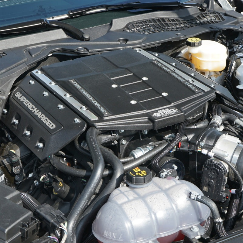 Edelbrock Supercharger Stage 1 Street Kit installed on a 2018 Ford Mustang GT 5.0L engine, showing the supercharger unit and intake components.