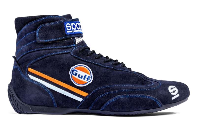 Sparco racing shoe top Gulf NVY/ORG in size 46, showing blue and orange racing shoes with detailed design and branding