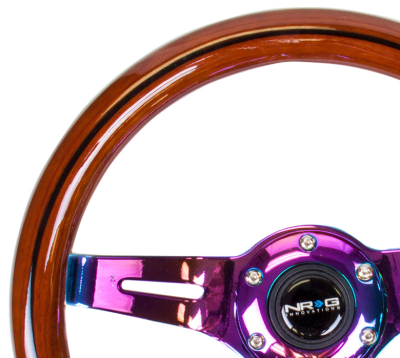 NRG Classic wood grain steering wheel with black line inlay, 3-spoke design, dark wood finish, and neochrome center.