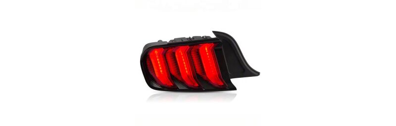 Raxiom Ford Mustang Euro Style LED tail lights with red lens and gloss black housing for 2015-2023 models.