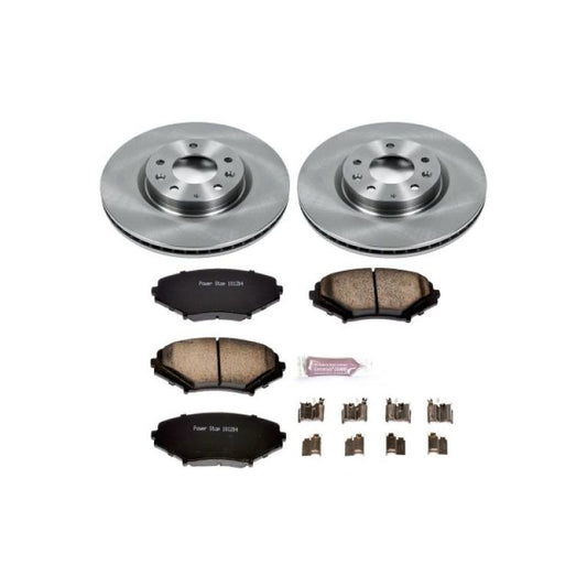 PowerStop OE front brake kit for Mazda RX-8 showing brake rotors and pads installed, designed for enhanced braking performance.