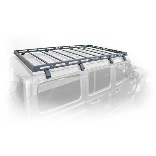 DV8 Offroad 18-21 Jeep Wrangler JL 4-door roof rack mounted on vehicle for added cargo space and off-road gear storage.
