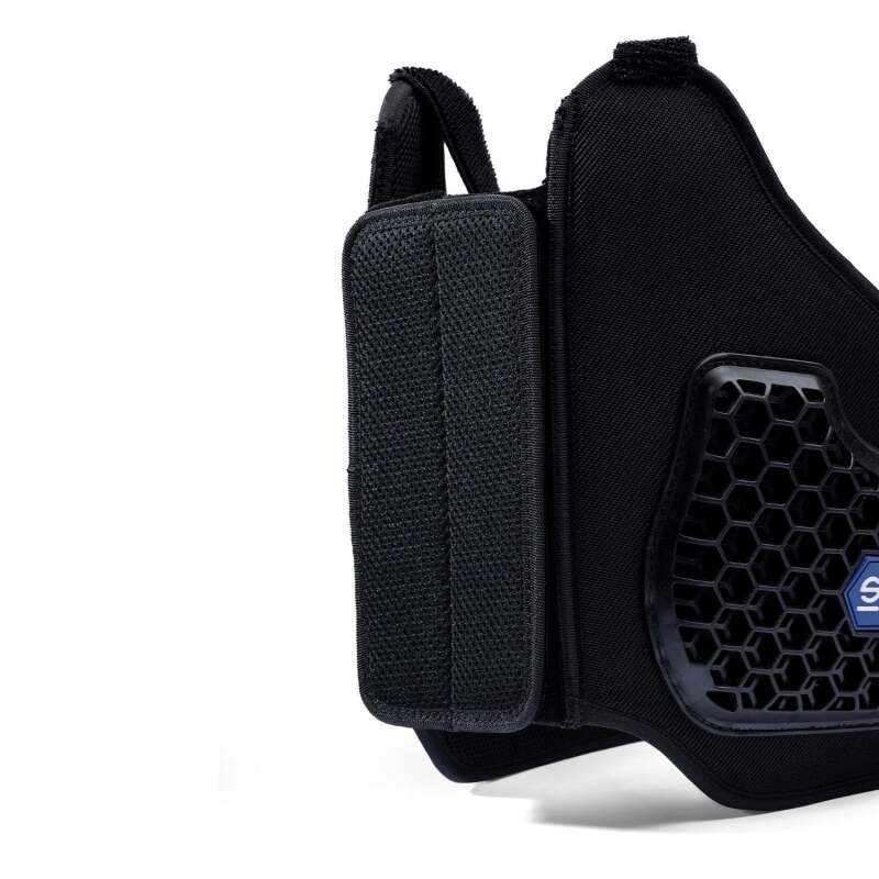 Black Sparco Rib Vest Pro Shell small seat belt harness for racing, featuring padded straps and secure buckle.