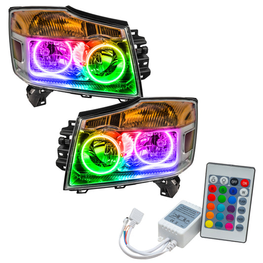 Oracle Lighting Nissan Armada SMD Headlights with ColorSHIFT and simple controller, showing the sleek, modern design of the headlights.