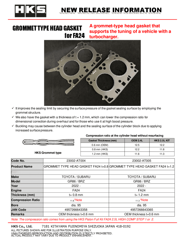 HKS Subaru FA24 head gasket with 1.2mm thickness and 11.3 compression ratio, grommet type head gasket for engine performance