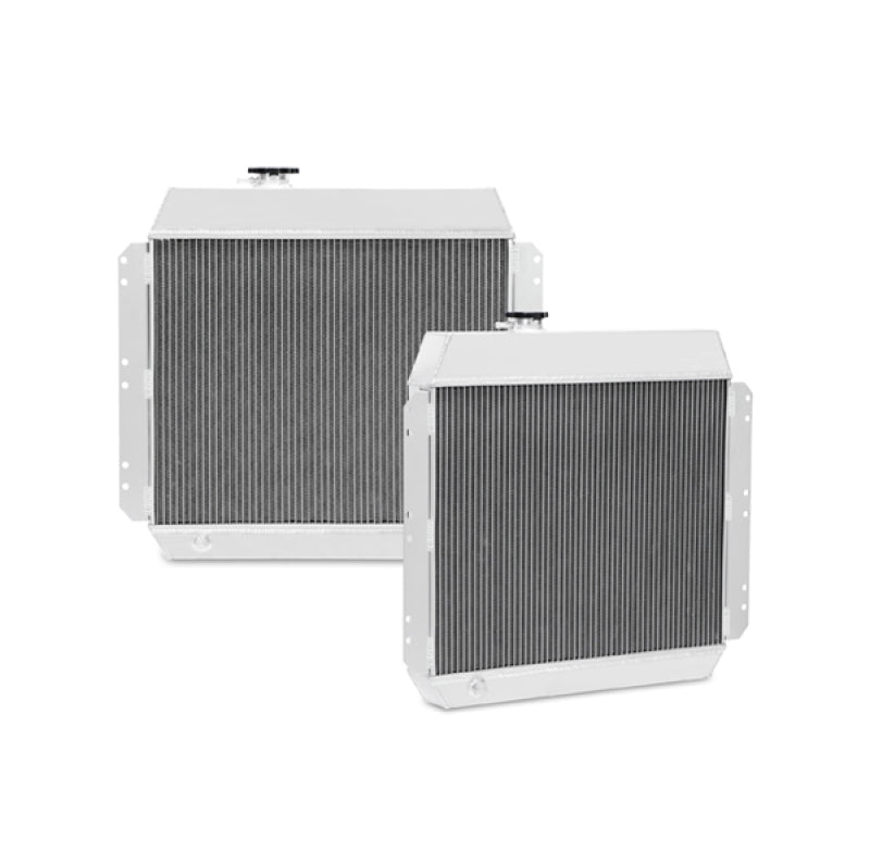 Mishimoto aluminum radiator for 50-54 Chevrolet Bel-Air, showcasing the sleek X-Line design with cooling fins and inlet/outlet ports.
