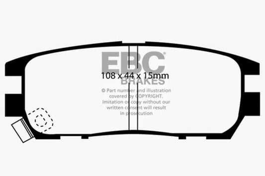 EBC Ultimax2 rear brake pads for Mitsubishi Montero 1992-1997, OE type, shown in a close-up image of the brake pad set.