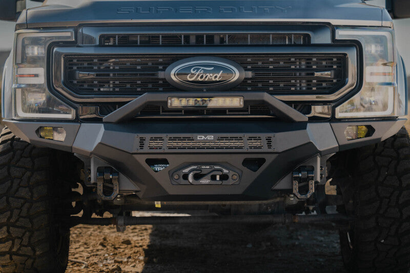 Steel front bumper for Ford Super Duty F-250/F-350 from DV8 Offroad Spec Series, designed for durability and off-road performance.