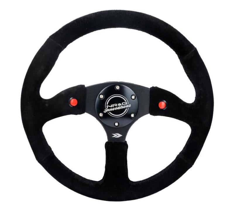 NRG reinforced racing steering wheel with sport suede grip, 350mm diameter, 2.5-inch deep, matte black spokes for sports cars.