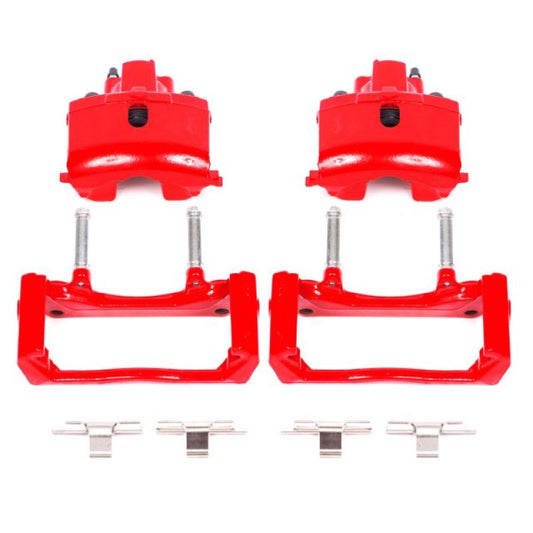 Pair of PowerStop rear red brake calipers with brackets for 2007-2009 Chrysler Aspen, performance replacement brake components.