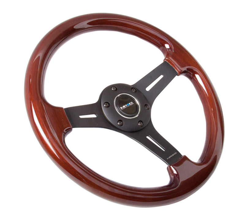 NRG Classic wood grain steering wheel with 330mm diameter, matte black 3-spoke center, and wood grain finish for automotive interior.