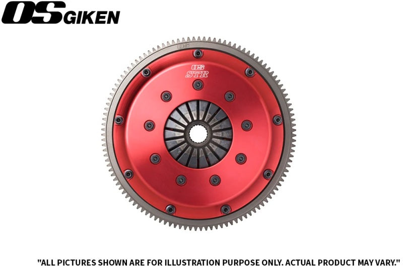 OS Giken twin plate dampened clutch kit for Nissan Skyline GT-R R34, includes multi-plate clutch components and packaging.