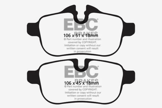 EBC Redstuff rear brake pads for BMW Z4 3.0 (E89), high-performance brake pads with red friction material for enhanced stopping power.