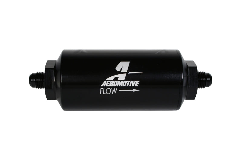 Aeromotive in-line fuel filter with AN-06 stainless mesh element and anodized black finish, designed for high-performance automotive use.