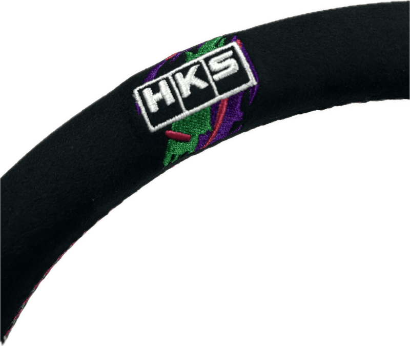 HKS replacement steering wheel for FL5 Type-S, black leather with silver accents, designed for sporty driving and enhanced control.