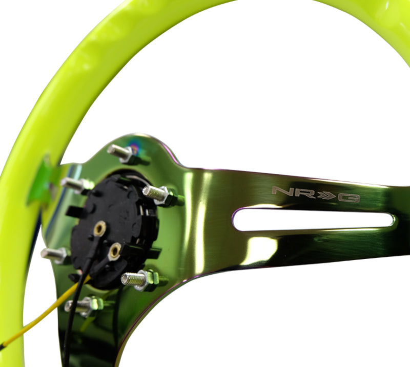 NRG Classic wood grain steering wheel with neon yellow color and neochrome spokes, 350mm diameter, detailed close-up image