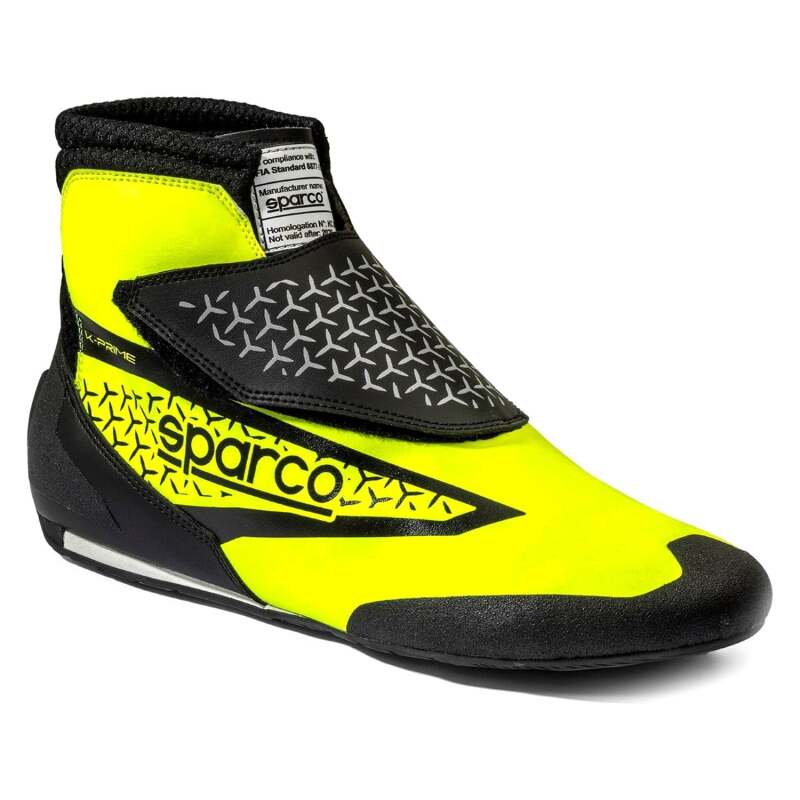 Sparco K-Prime 45 yellow and black racing shoes with sleek design and racing grip soles, designed for motorsport performance.