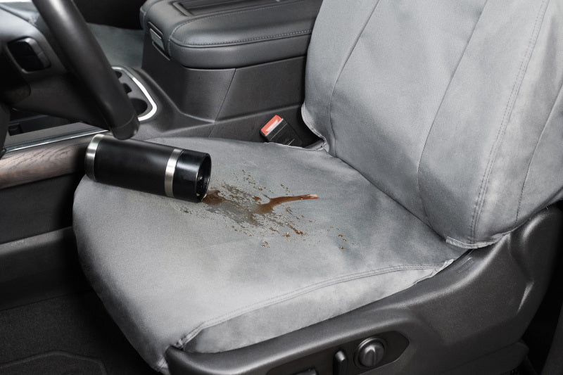 Covercraft waterproof grey polyester front seat covers for Ford F150 2004-2008, custom-fit seat protection for the front row.