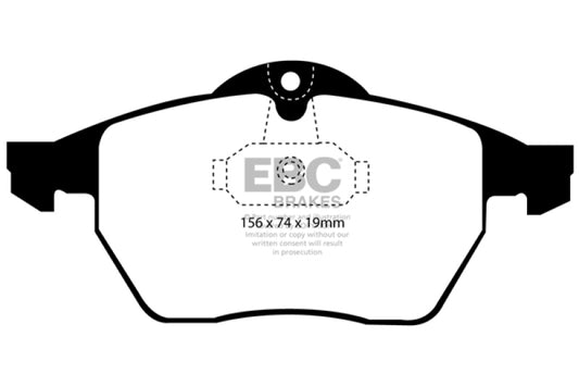 EBC Greenstuff front brake pads for Saab 9-3 Convertible, performance brake pads with green friction material, shown in image.