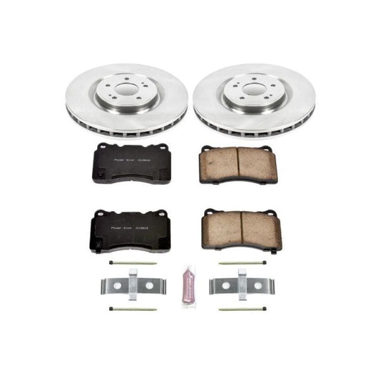 PowerStop OE front brake kit for Mitsubishi Lancer 2008-2015, including brake rotors and pads for reliable stopping power.
