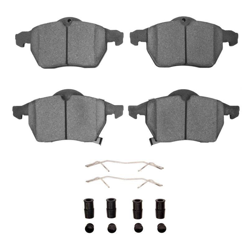R1 Concepts OE front ceramic brake pads and hardware kit for Saab 9-3 1997-2010, includes brake pads and installation hardware.